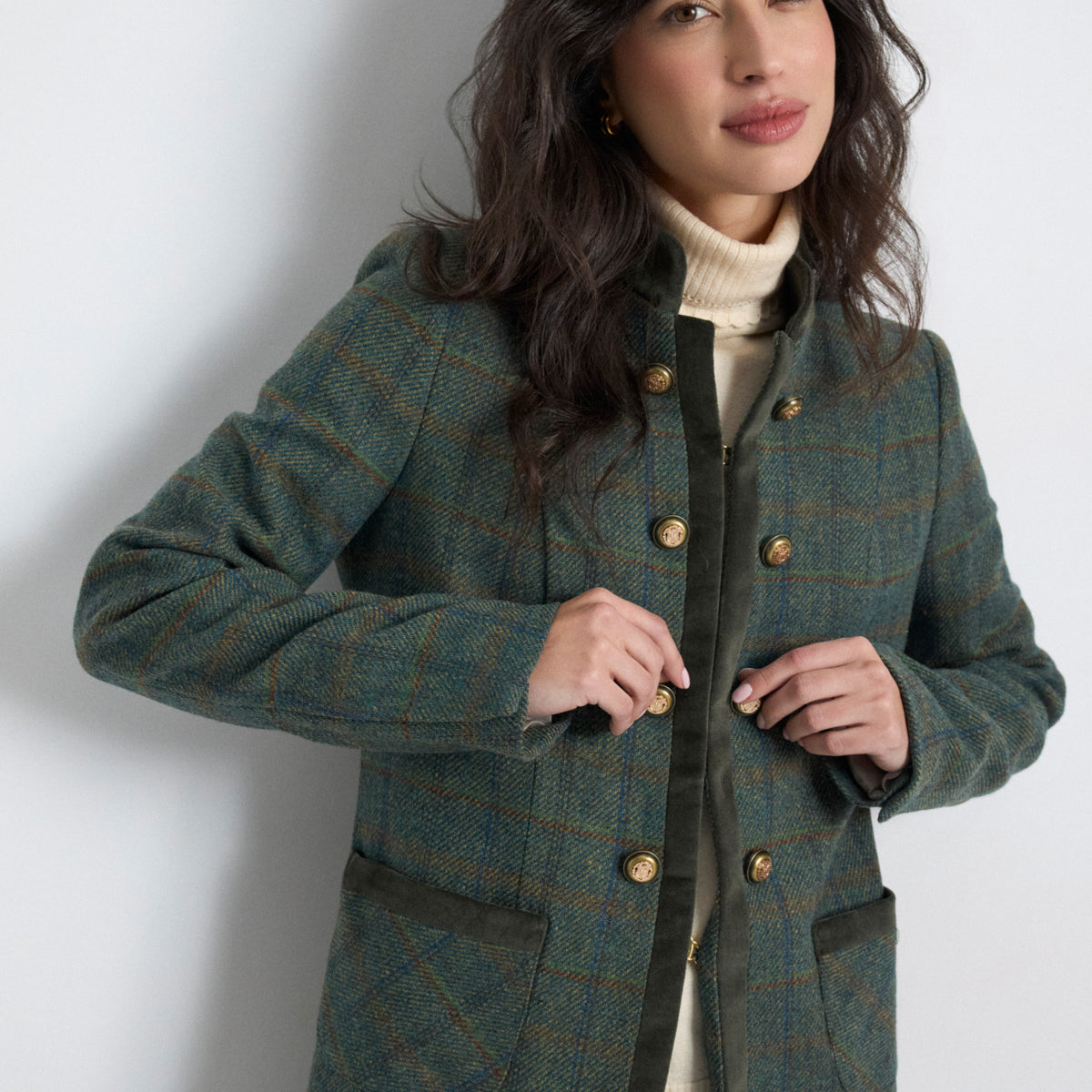 Long Plaid Coat w/Mandarin Collar