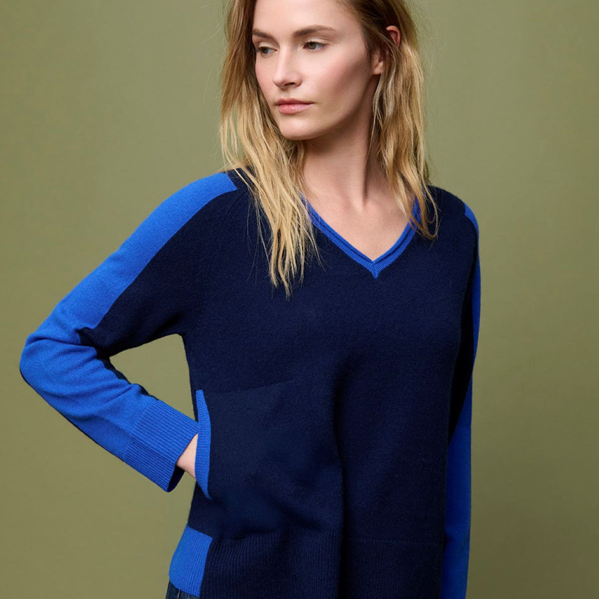 V-Neck Sweater w/Contrast Sleeves