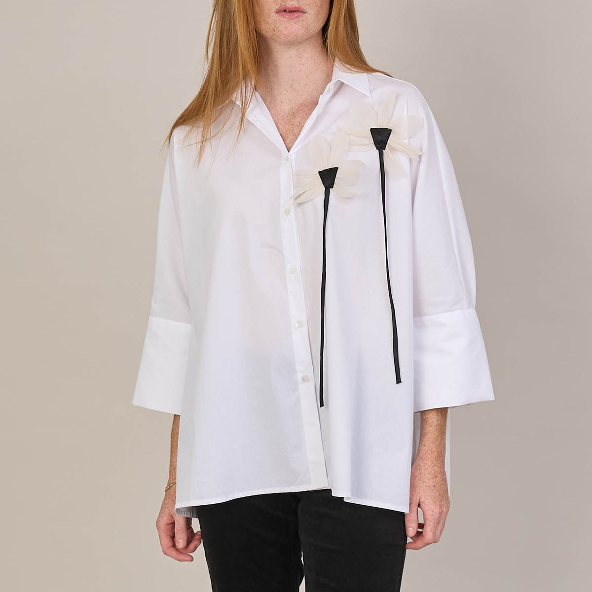 Flared Blouse w/Chiffon Flower Detail