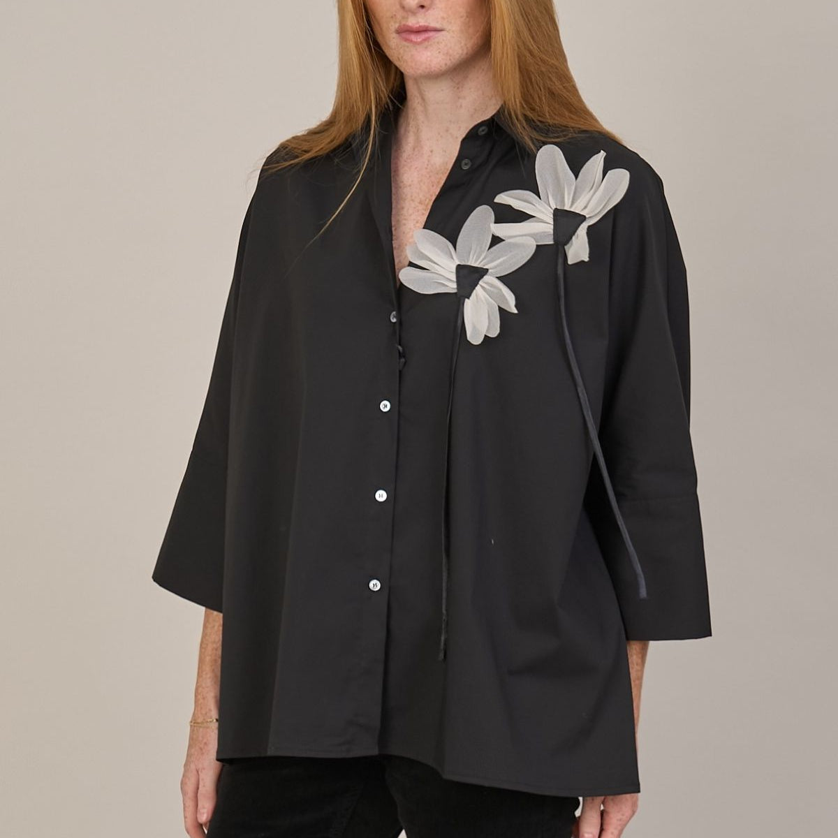 Flared Blouse w/Chiffon Flower Detail