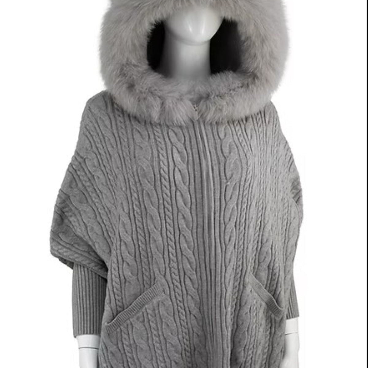 Zip Cable Poncho w/Fox Trim Hood