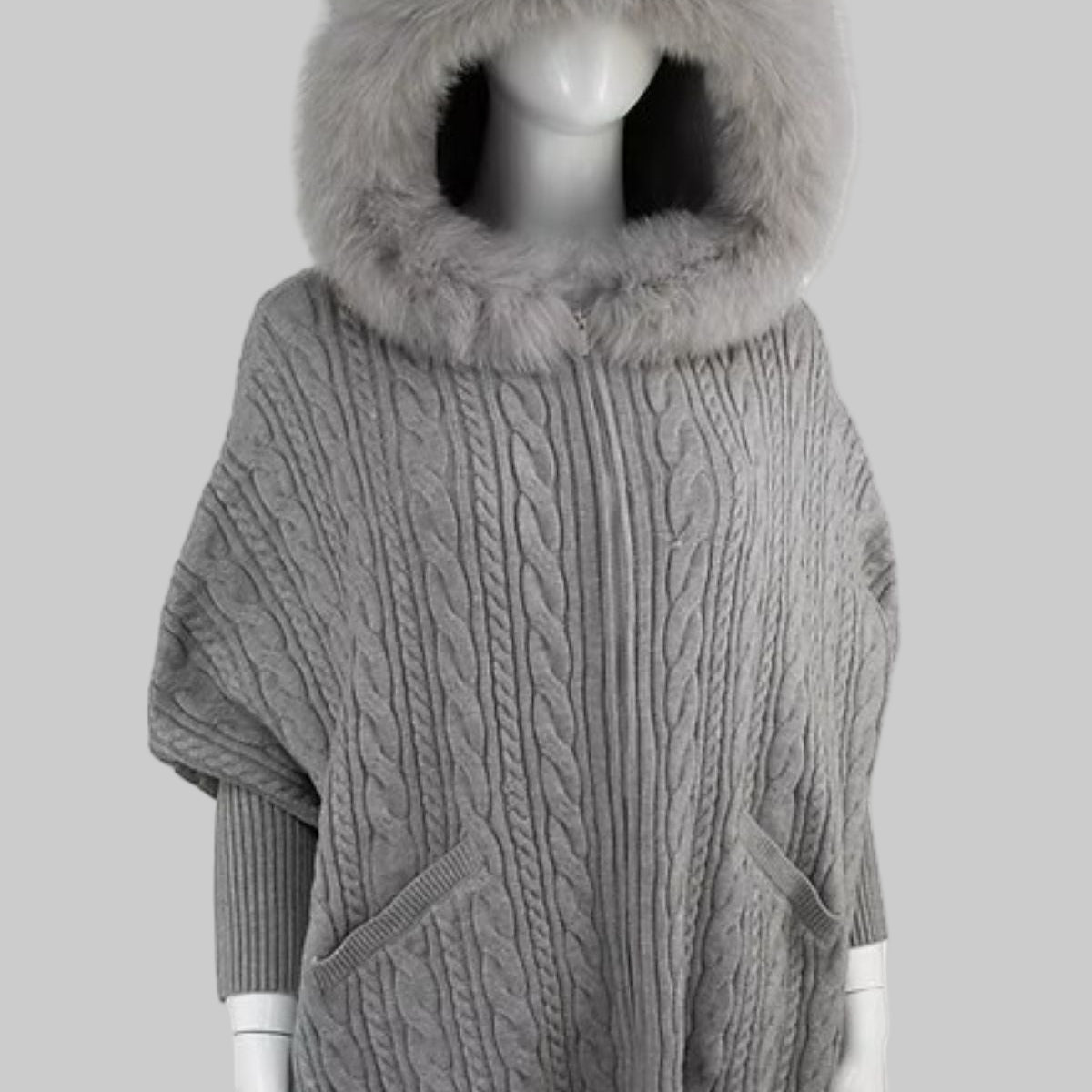 Zip Cable Poncho w/Fox Trim Hood