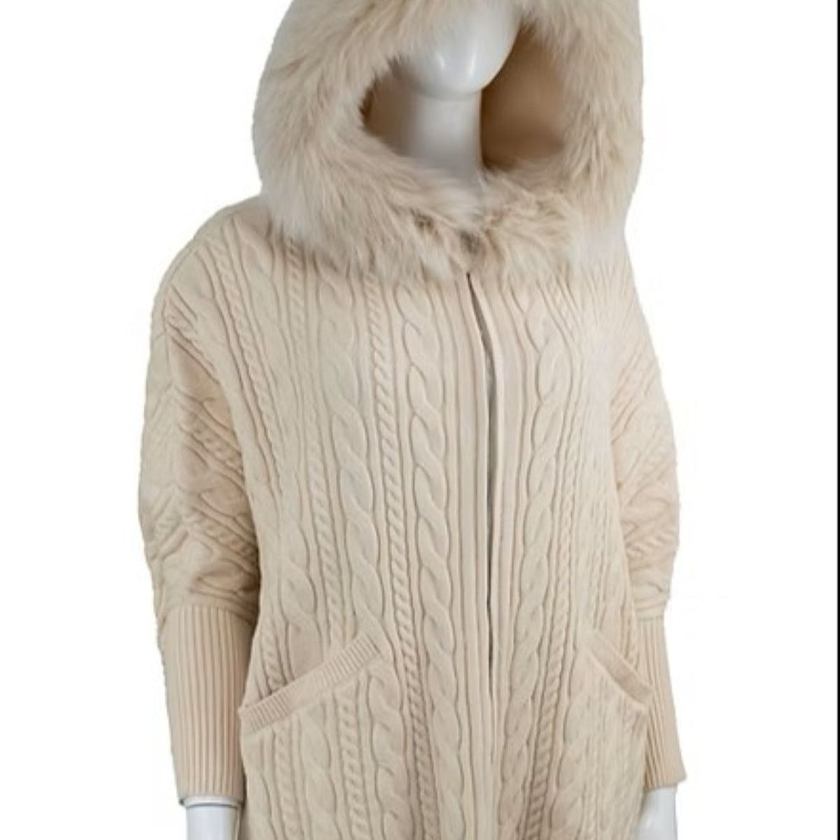 Beige cable knit hoodie with fur hood on a mannequin against a white background