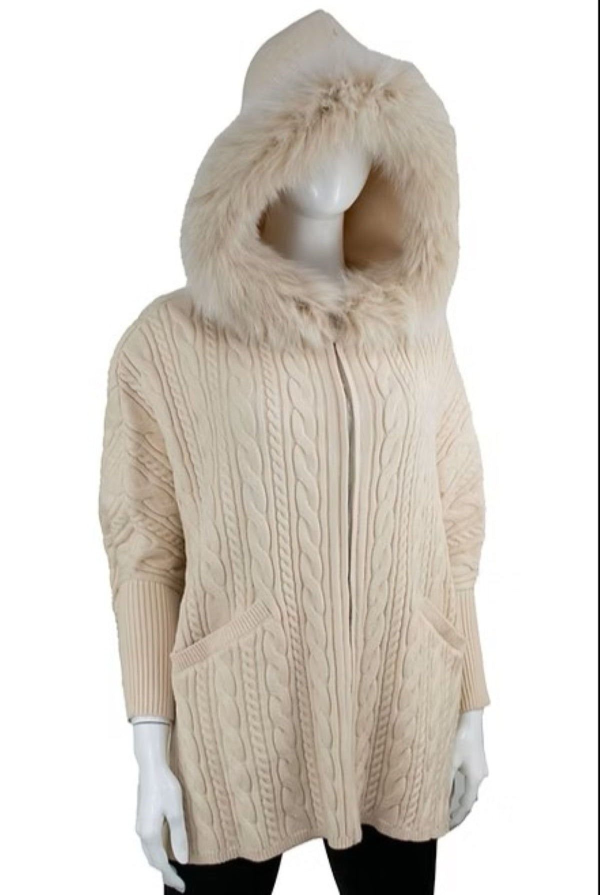 Beige cable knit hoodie with fur hood on a mannequin against a white background
