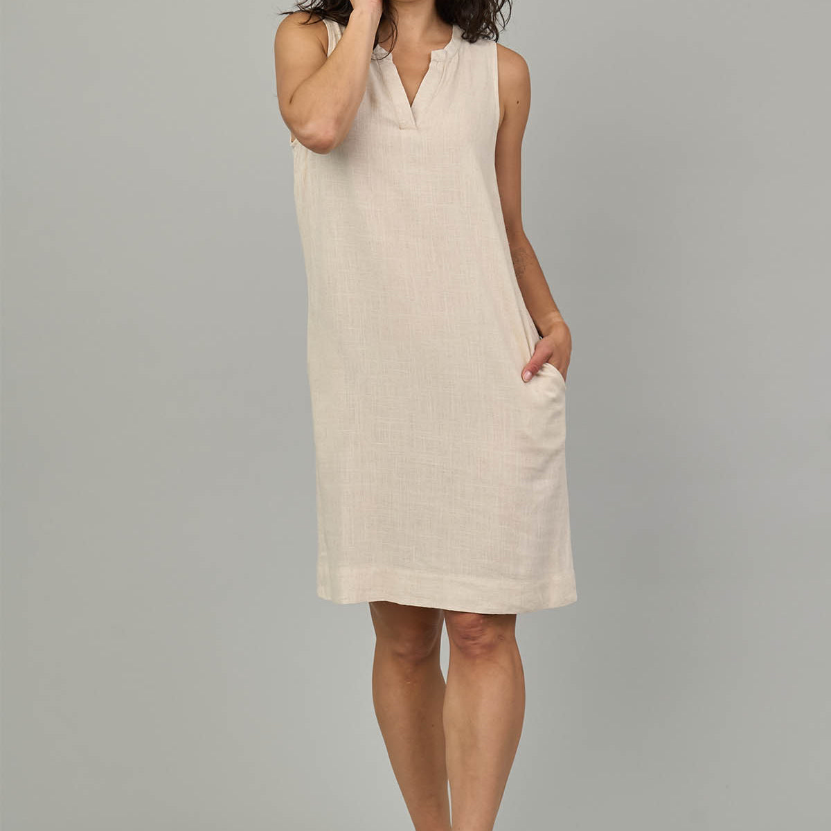 Sleeveless V-Neck Dress w/Back Pleat