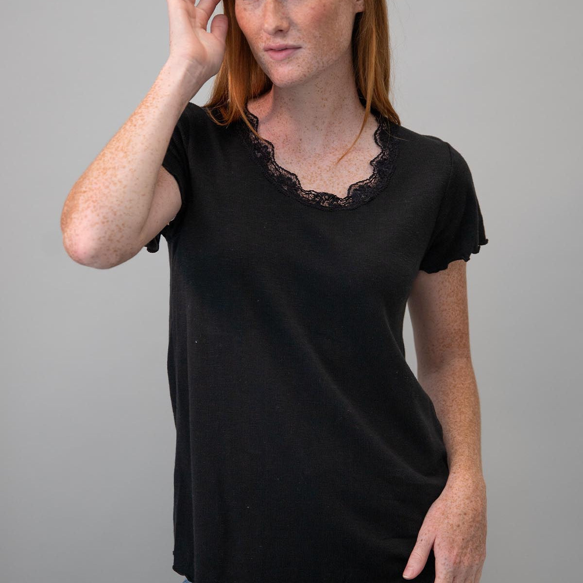 Cotton Crew Tee w/Lace Trim