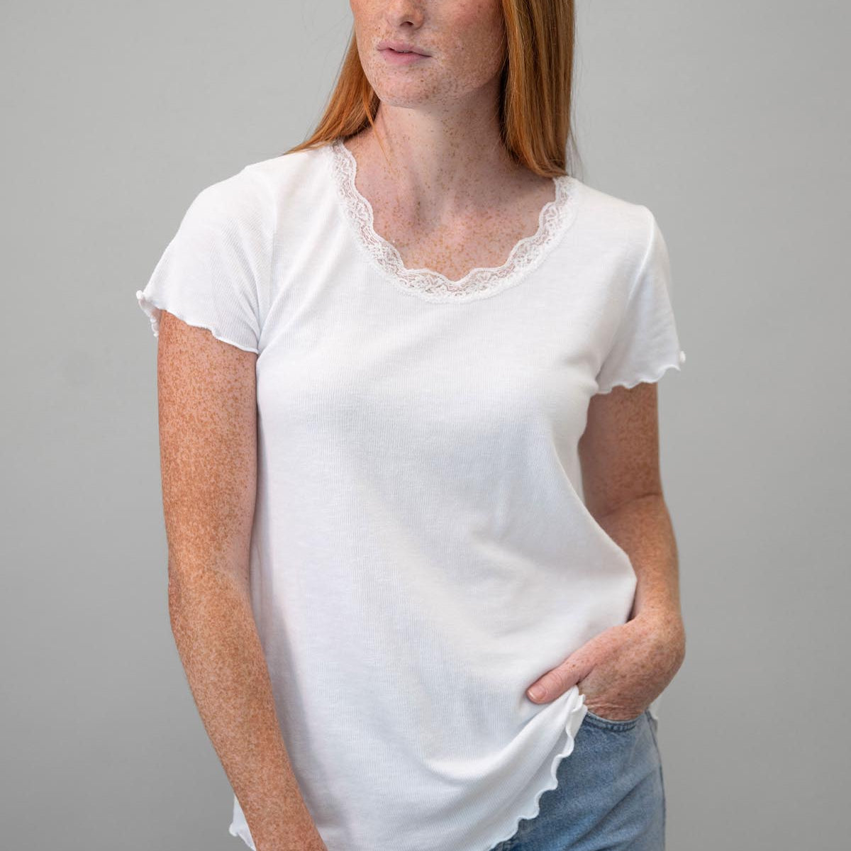 Cotton Crew Tee w/Lace Trim