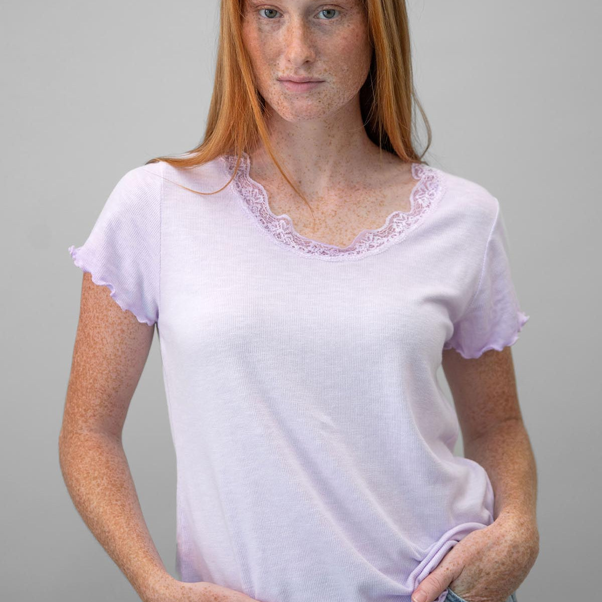 Cotton Crew Tee w/Lace Trim