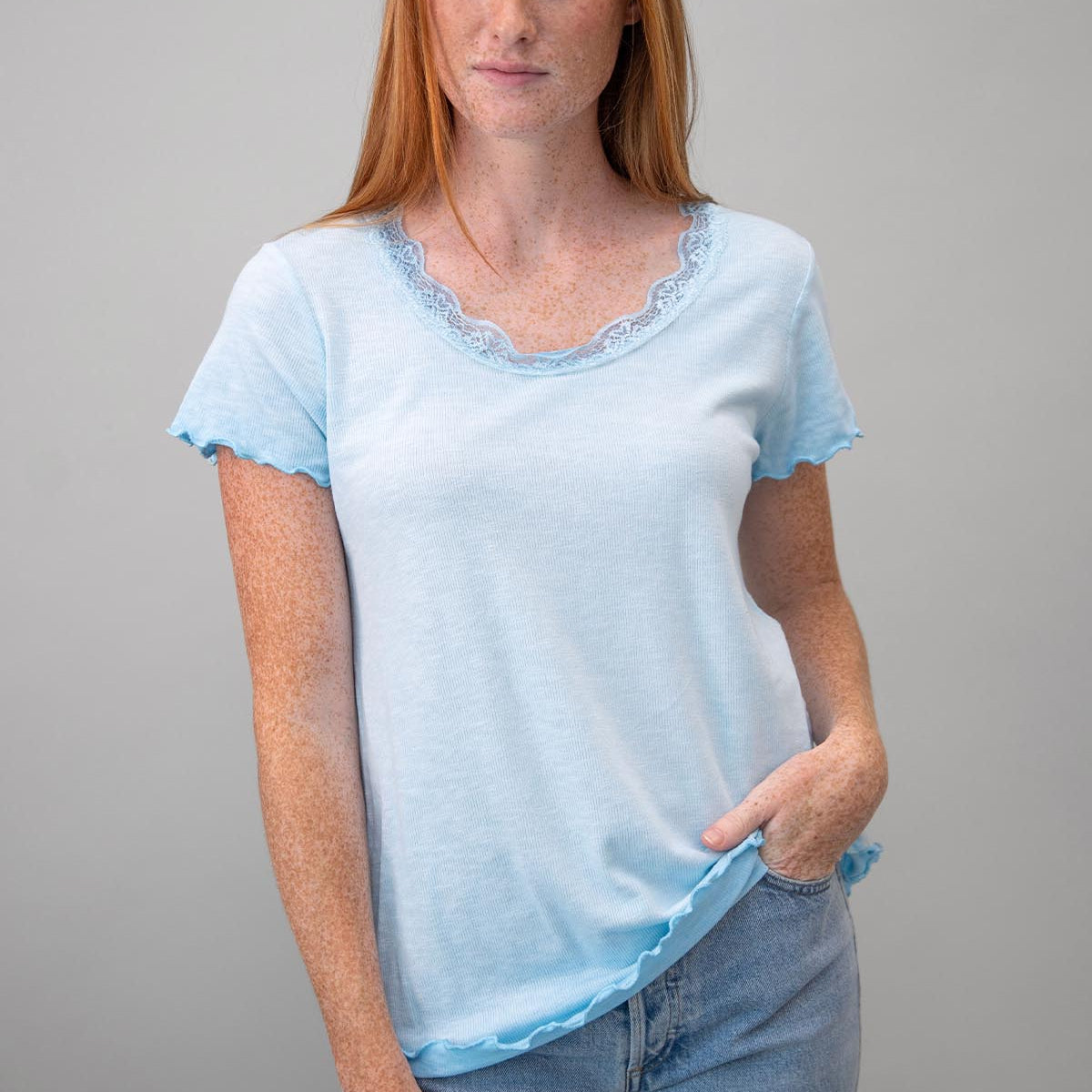 Cotton Crew Tee w/Lace Trim