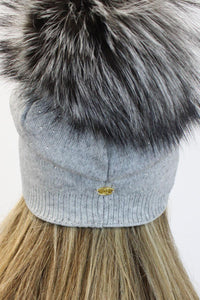 Embellished Cashmere Hat w/Fur Pom