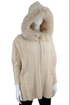 Beige cable knit hoodie with fur hood on a mannequin against a white background