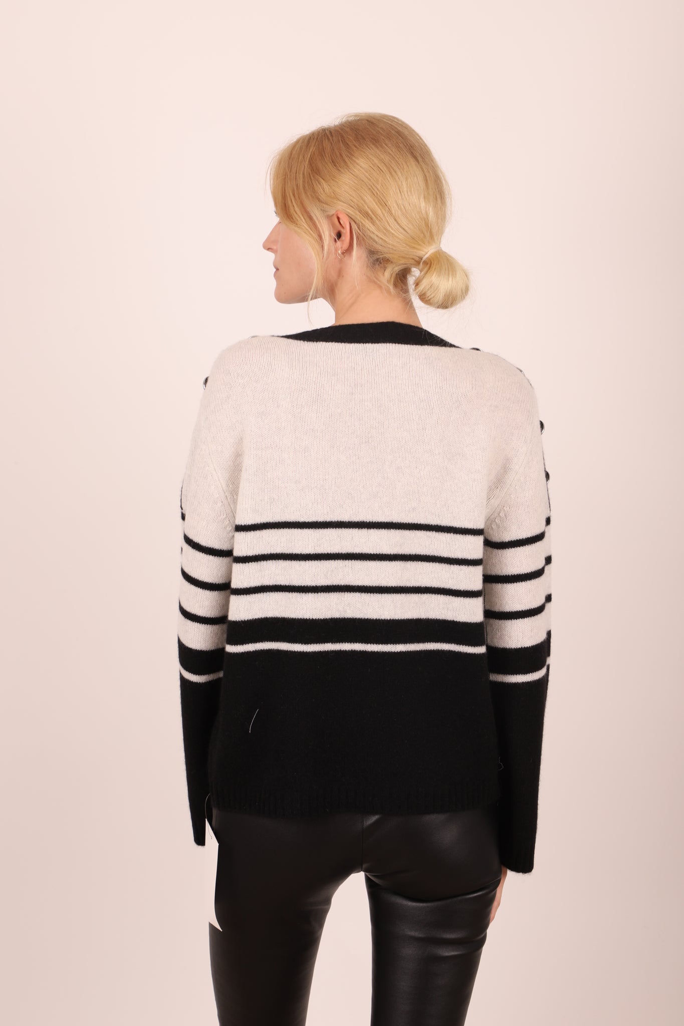 V-Neck Striped w/ Oversize Button Accent