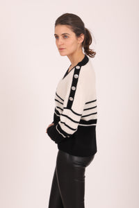 V-Neck Striped w/ Oversize Button Accent