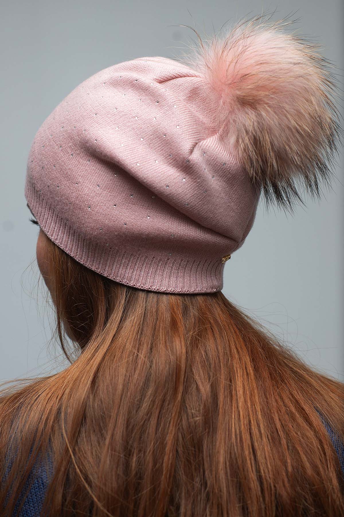 Embellished Cashmere Hat w/Fur Pom