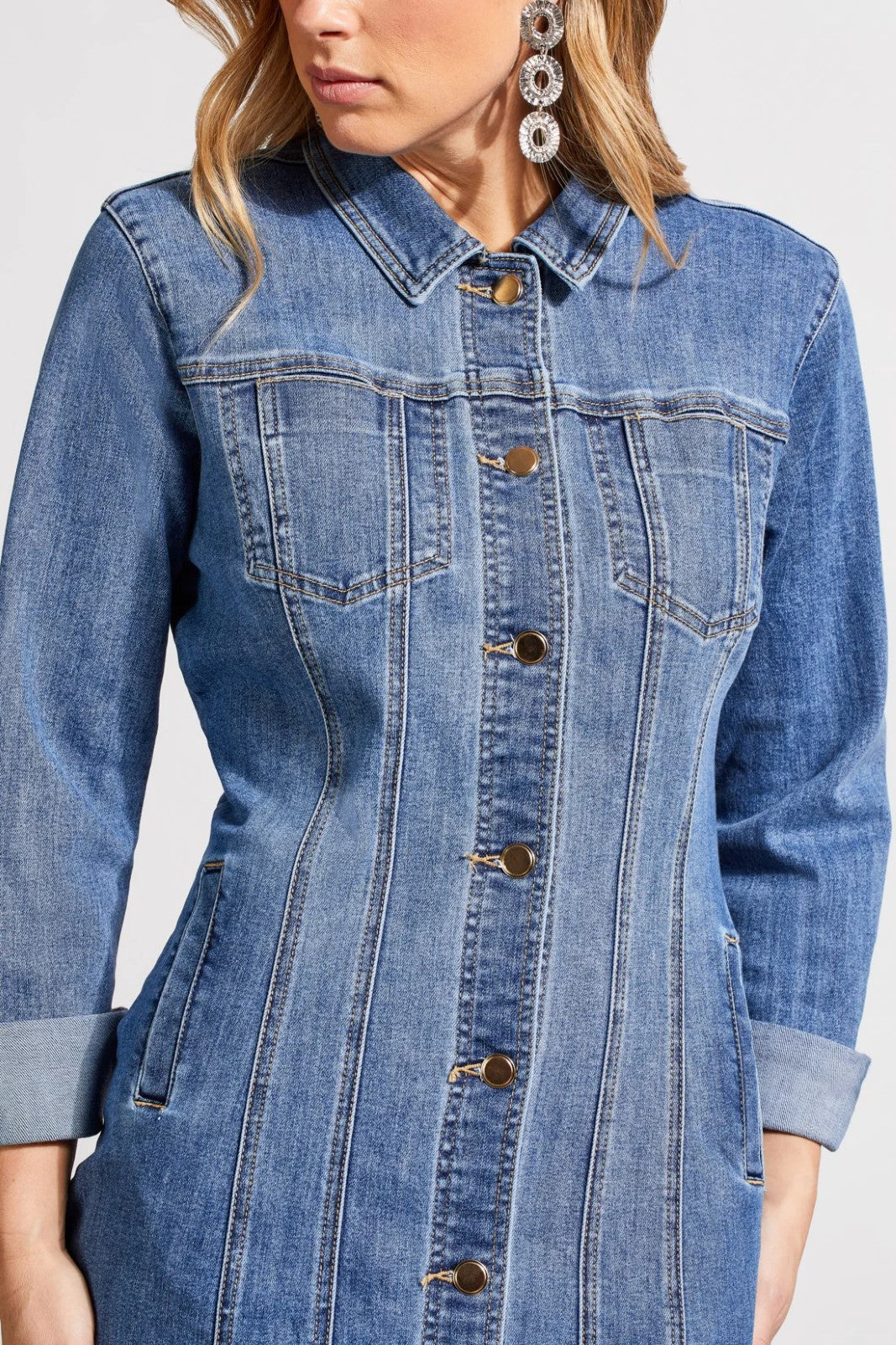 Long fitted denim jacket best sale