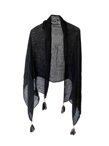 Black Linen Scarf with Tassels